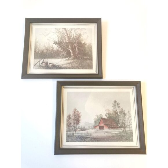 VINTAGE S. ABUTT Framed Art Prints Set of 2 | Red Barn in Winter & Snowy Tree - Picture 1 of 10
